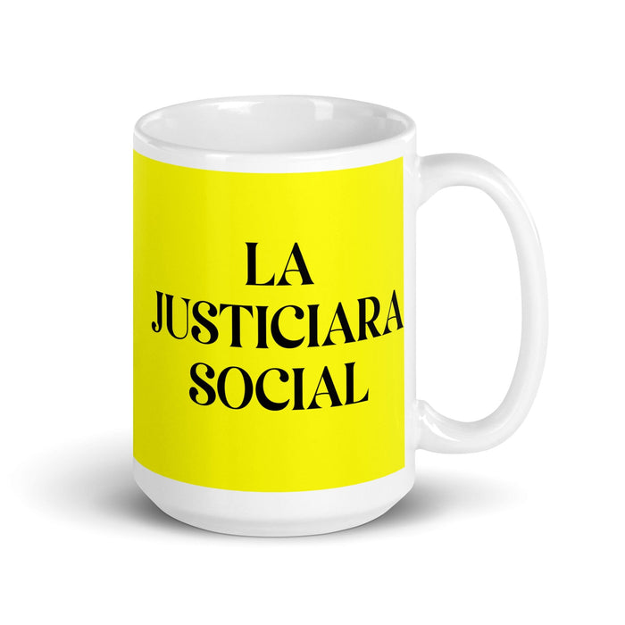 La Justiciara Social The Social Justice Advocate Funny Home Office Work Coffee Mug Mexican Spanish Pride Gift White Glossy Cup Yellow Card Mug Mexicada 15 oz