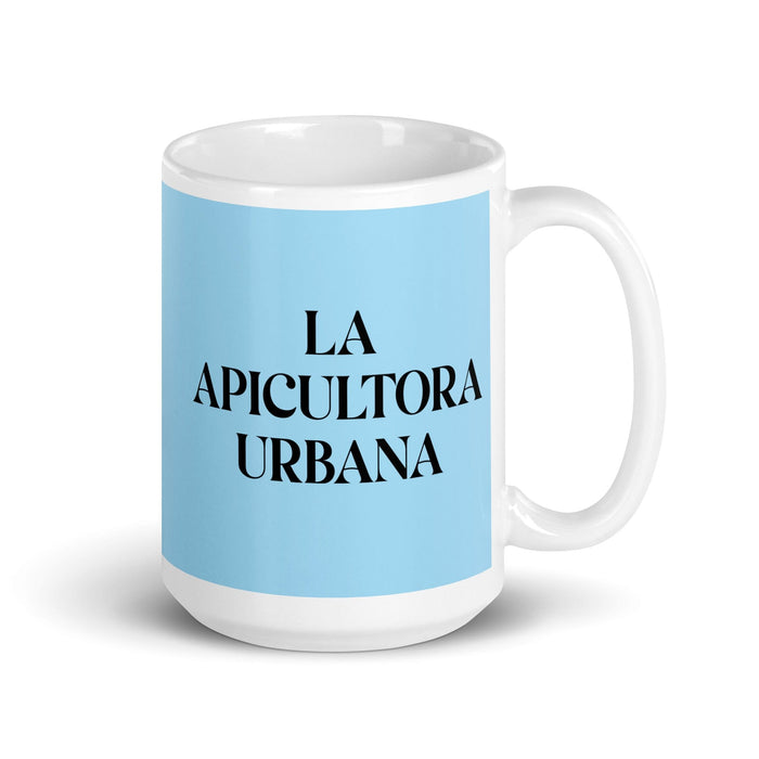 La Apicultora Urbana The Urban Beekeeper Funny Home Office Work Coffee Mug Mexican Spanish Pride Gift White Glossy Cup Sky Blue Card Mug Mexicada 15 oz