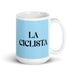 La Ciclista The Cyclist Funny Home Office Work Coffee Mug Mexican Spanish Pride Gift White Glossy Cup Sky Blue Card Mug Mexicada 15 oz