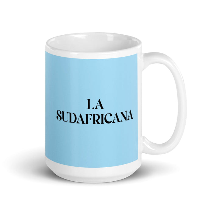 La Sudafricana The South African Funny Home Office Work Coffee Mug Mexican Spanish Pride Gift White Glossy Cup Sky Blue Card Mug Mexicada 15 oz