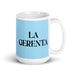 La Gerenta The Manager Funny Home Office Work Coffee Mug Mexican Spanish Pride Gift White Glossy Cup Sky Blue Card Mug Mexicada 15 oz