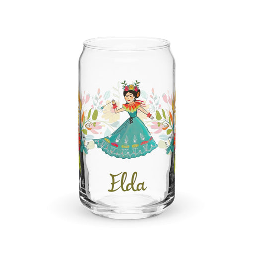 Elda Exclusive Name Art Piece Can-Shaped Glass Home Office Work Mexican Spanish Pride Gift Cup One-Of-A-Kind Calligraphy Glass | E9 Mexicada 16 oz