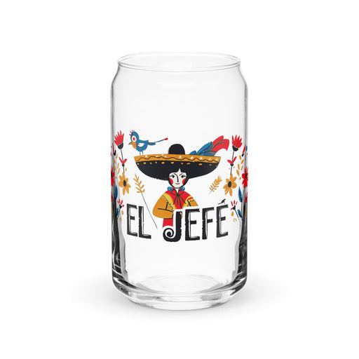 El Jefe Exclusive Art Piece Can-Shaped Glass Home Office Work Mexican Spanish Pride Gift Cup One-Of-A-Kind Calligraphy Glass | E2 Mexicada 16 oz