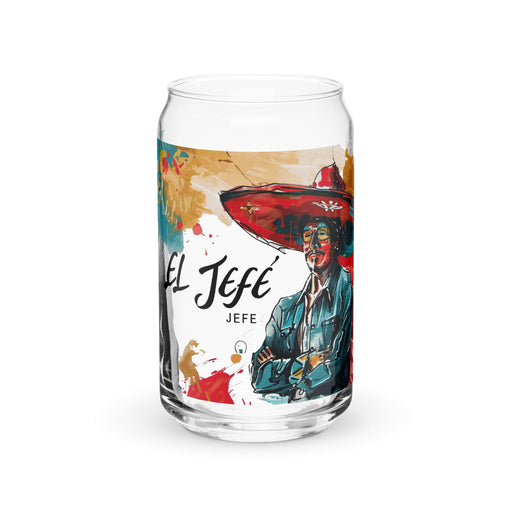 El Jefe Exclusive Art Piece Can-Shaped Glass Home Office Work Mexican Spanish Pride Gift Cup One-Of-A-Kind Calligraphy Glass | E3 Mexicada 16 oz