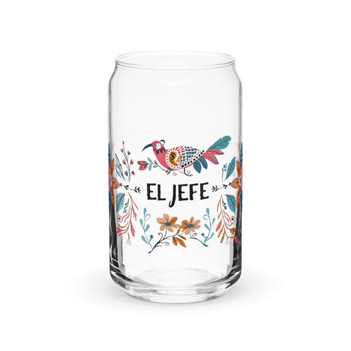 El Jefe Exclusive Art Piece Can-Shaped Glass Home Office Work Mexican Spanish Pride Gift Cup One-Of-A-Kind Calligraphy Glass | E5 Mexicada 16 oz