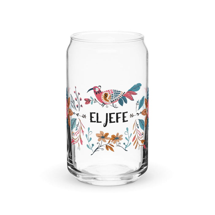 El Jefe Exclusive Art Piece Can-Shaped Glass Home Office Work Mexican Spanish Pride Gift Cup One-Of-A-Kind Calligraphy Glass | E5 Mexicada 16 oz