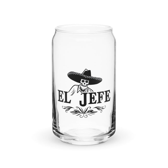 El Jefe Exclusive Art Piece Can-Shaped Glass Home Office Work Mexican Spanish Pride Gift Cup One-Of-A-Kind Calligraphy Glass | E6 Mexicada 16 oz