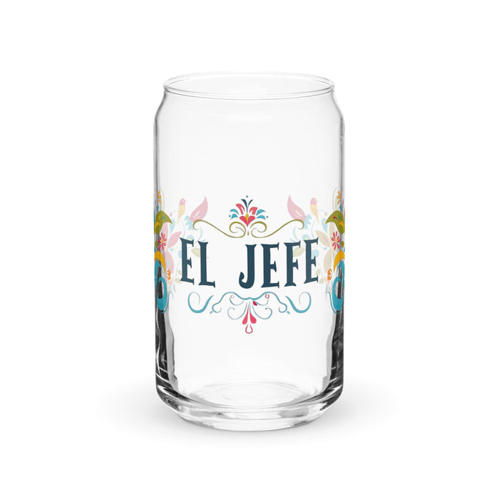 El Jefe Exclusive Art Piece Can-Shaped Glass Home Office Work Mexican Spanish Pride Gift Cup One-Of-A-Kind Calligraphy Glass | E7 Mexicada 16 oz