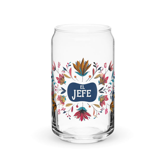 El Jefe Exclusive Art Piece Can-Shaped Glass Home Office Work Mexican Spanish Pride Gift Cup One-Of-A-Kind Calligraphy Glass | E11 Mexicada 16 oz