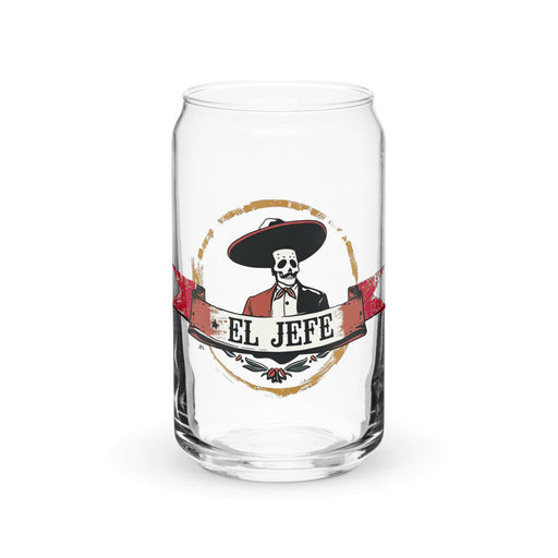 El Jefe Exclusive Art Piece Can-Shaped Glass Home Office Work Mexican Spanish Pride Gift Cup One-Of-A-Kind Calligraphy Glass | E12 Mexicada 16 oz