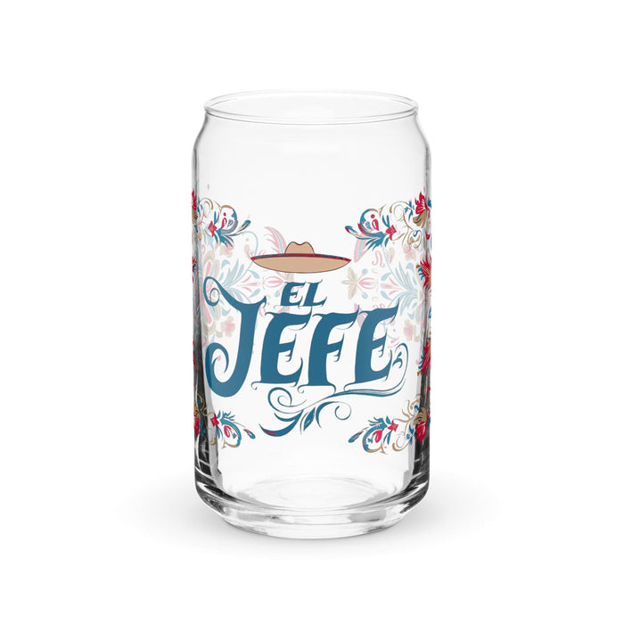 El Jefe Exclusive Art Piece Can-Shaped Glass Home Office Work Mexican Spanish Pride Gift Cup One-Of-A-Kind Calligraphy Glass | E13 Mexicada 16 oz