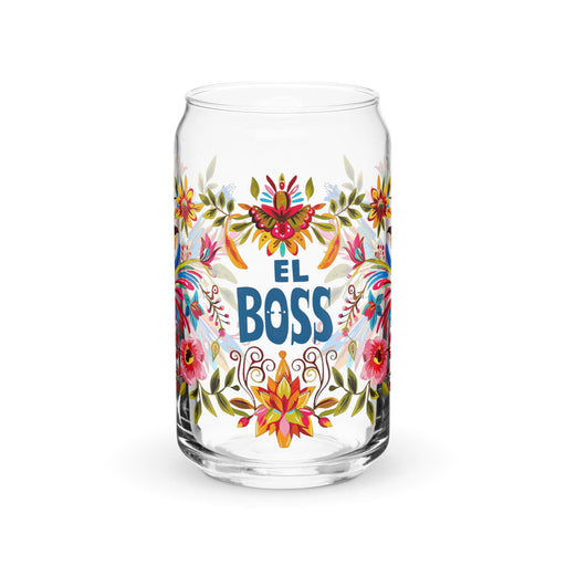 El Boss Exclusive Art Piece Can-Shaped Glass Home Office Work Mexican Spanish Pride Gift Cup One-Of-A-Kind Calligraphy Glass | E8 Mexicada 16 oz