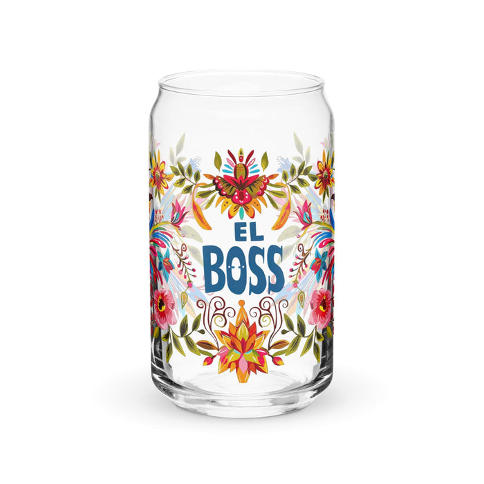 El Boss Exclusive Art Piece Can-Shaped Glass Home Office Work Mexican Spanish Pride Gift Cup One-Of-A-Kind Calligraphy Glass | E8 Mexicada 16 oz