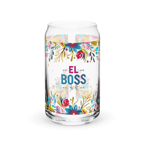 El Boss Exclusive Art Piece Can-Shaped Glass Home Office Work Mexican Spanish Pride Gift Cup One-Of-A-Kind Calligraphy Glass | E12 Mexicada 16 oz