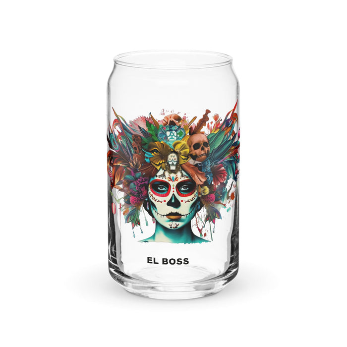 El Boss Exclusive Art Piece Can-Shaped Glass Home Office Work Mexican Spanish Pride Gift Cup One-Of-A-Kind Calligraphy Glass | E24 Mexicada 16 oz