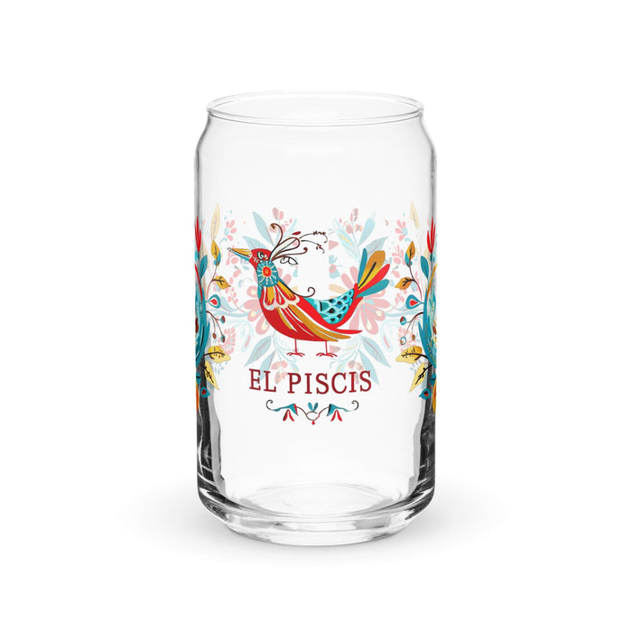 El Piscis Exclusive Art Piece Can-Shaped Glass Home Office Work Mexican Spanish Pride Gift Cup One-Of-A-Kind Calligraphy Glass | E4 Mexicada 16 oz