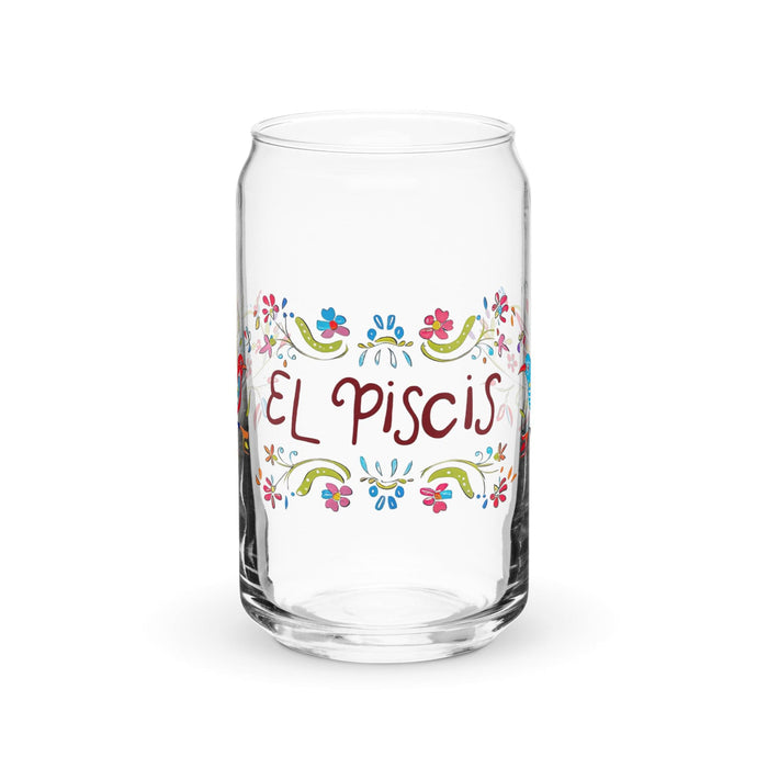 El Piscis Exclusive Art Piece Can-Shaped Glass Home Office Work Mexican Spanish Pride Gift Cup One-Of-A-Kind Calligraphy Glass | E7 Mexicada 16 oz