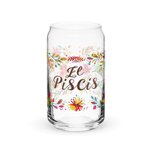 El Piscis Exclusive Art Piece Can-Shaped Glass Home Office Work Mexican Spanish Pride Gift Cup One-Of-A-Kind Calligraphy Glass | E8 Mexicada 16 oz