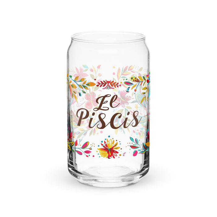 El Piscis Exclusive Art Piece Can-Shaped Glass Home Office Work Mexican Spanish Pride Gift Cup One-Of-A-Kind Calligraphy Glass | E8 Mexicada 16 oz