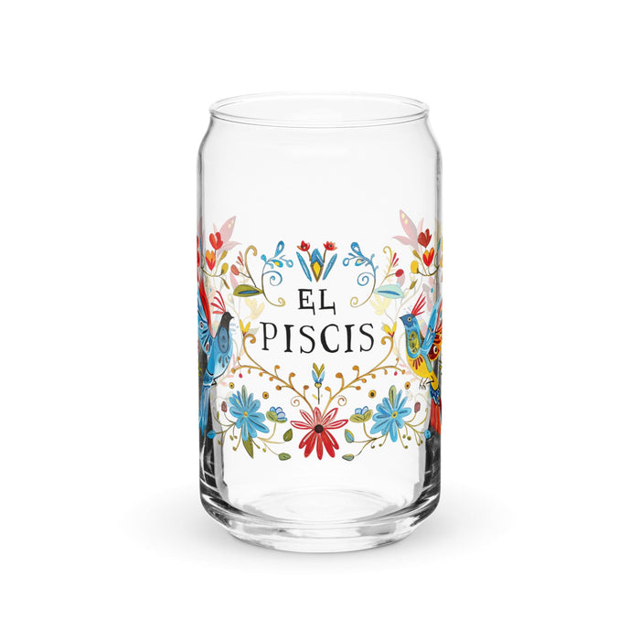 El Piscis Exclusive Art Piece Can-Shaped Glass Home Office Work Mexican Spanish Pride Gift Cup One-Of-A-Kind Calligraphy Glass | E9 Mexicada 16 oz