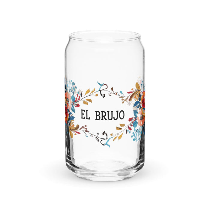 El Brujo Exclusive Art Piece Can-Shaped Glass Home Office Work Mexican Spanish Pride Gift Cup One-Of-A-Kind Calligraphy Glass | E4 Mexicada 16 oz