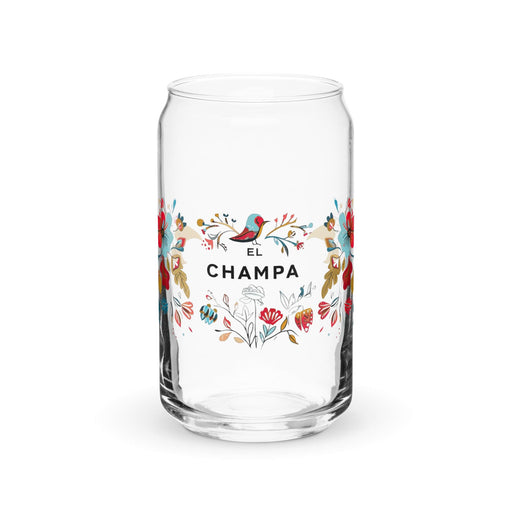 El Champa Exclusive Art Piece Can-Shaped Glass Home Office Work Mexican Spanish Pride Gift Cup One-Of-A-Kind Calligraphy Glass | E3 Mexicada 16 oz