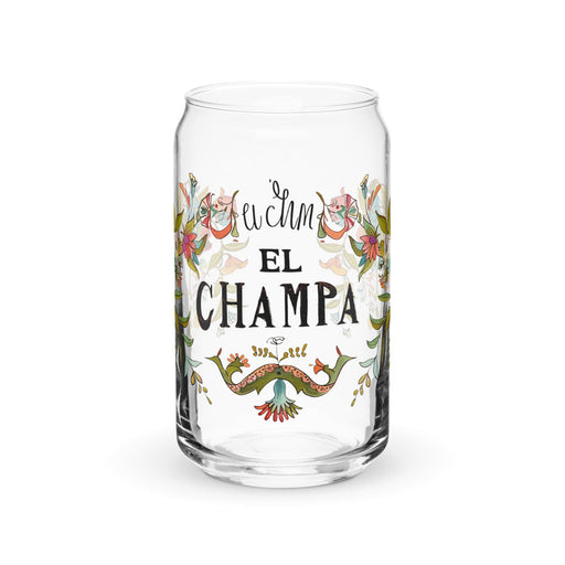 El Champa Exclusive Art Piece Can-Shaped Glass Home Office Work Mexican Spanish Pride Gift Cup One-Of-A-Kind Calligraphy Glass | E21 Mexicada 16 oz