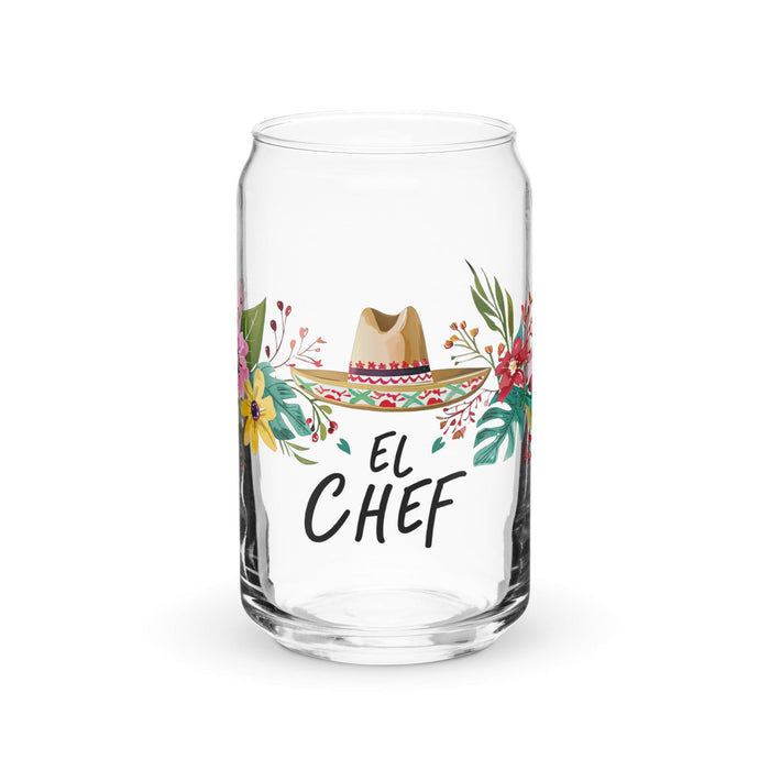 El Chef Exclusive Art Piece Can-Shaped Glass Home Office Work Mexican Spanish Pride Gift Cup One-Of-A-Kind Calligraphy Glass | E6 Mexicada 16 oz