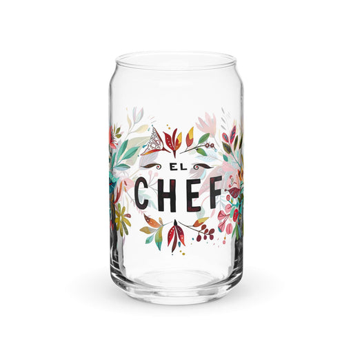 El Chef Exclusive Art Piece Can-Shaped Glass Home Office Work Mexican Spanish Pride Gift Cup One-Of-A-Kind Calligraphy Glass | E8 Mexicada 16 oz