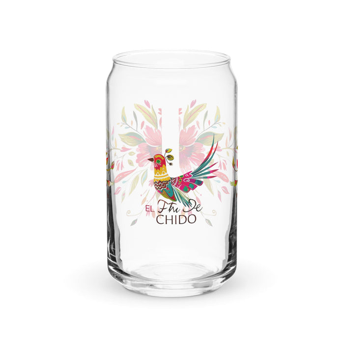 El Chido Exclusive Art Piece Can-Shaped Glass Home Office Work Mexican Spanish Pride Gift Cup One-Of-A-Kind Calligraphy Glass | E9 Mexicada 16 oz