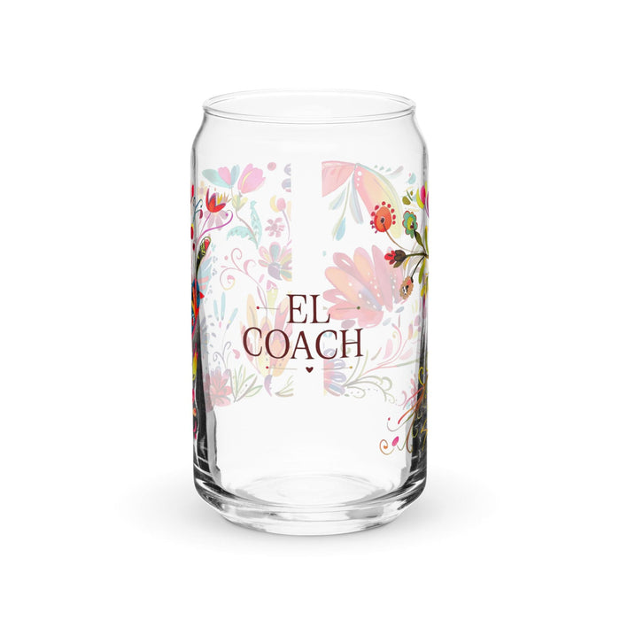 El Coach Exclusive Art Piece Can-Shaped Glass Home Office Work Mexican Spanish Pride Gift Cup One-Of-A-Kind Calligraphy Glass | E24 Mexicada 16 oz