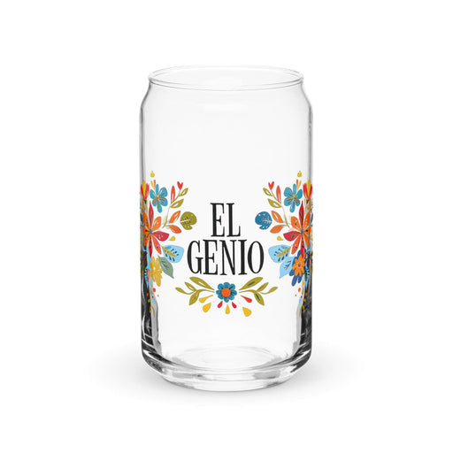 El Genio Exclusive Art Piece Can-Shaped Glass Home Office Work Mexican Spanish Pride Gift Cup One-Of-A-Kind Calligraphy Glass | E4 Mexicada 16 oz