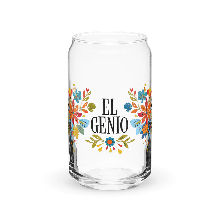 El Genio Exclusive Art Piece Can-Shaped Glass Home Office Work Mexican Spanish Pride Gift Cup One-Of-A-Kind Calligraphy Glass | E4 Mexicada 16 oz