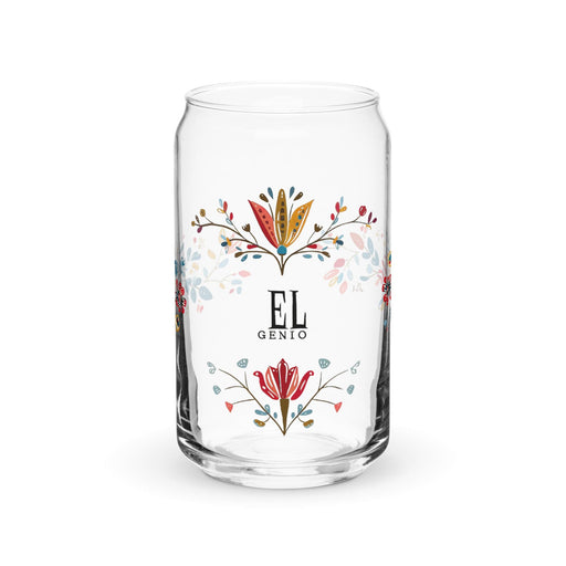 El Genio Exclusive Art Piece Can-Shaped Glass Home Office Work Mexican Spanish Pride Gift Cup One-Of-A-Kind Calligraphy Glass | E5 Mexicada 16 oz