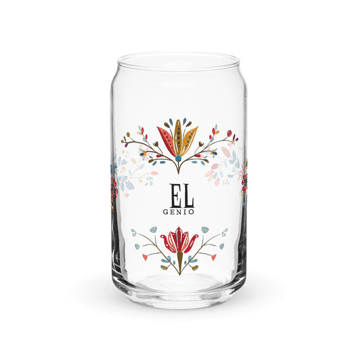 El Genio Exclusive Art Piece Can-Shaped Glass Home Office Work Mexican Spanish Pride Gift Cup One-Of-A-Kind Calligraphy Glass | E5 Mexicada 16 oz