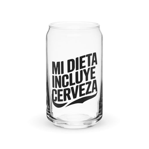 Mi Dieta Incluye Cerveza Exclusive Art Piece Can-Shaped Glass Home Office Work Mexican Spanish Pride Gift Cup One-Of-A-Kind Calligraphy Glass | M3 Mexicada 16 oz