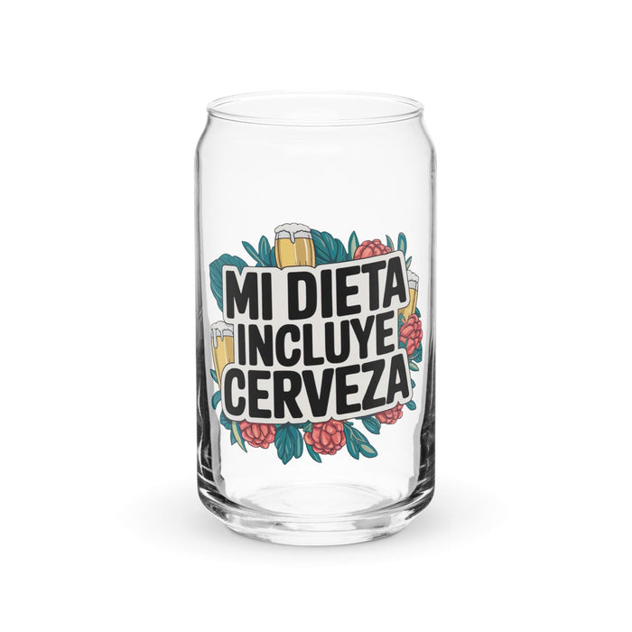 Mi Dieta Incluye Cerveza Exclusive Art Piece Can-Shaped Glass Home Office Work Mexican Spanish Pride Gift Cup One-Of-A-Kind Calligraphy Glass | M4 Mexicada 16 oz