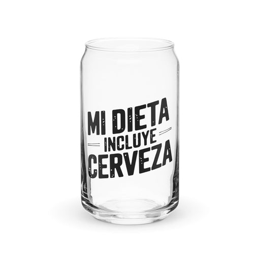 Mi Dieta Incluye Cerveza Exclusive Art Piece Can-Shaped Glass Home Office Work Mexican Spanish Pride Gift Cup One-Of-A-Kind Calligraphy Glass | M22 Mexicada 16 oz