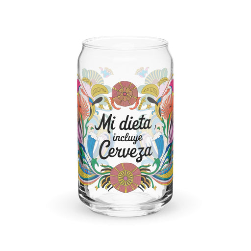 Mi Dieta Incluye Cerveza Exclusive Art Piece Can-Shaped Glass Home Office Work Mexican Spanish Pride Gift Cup One-Of-A-Kind Calligraphy Glass | M28 Mexicada 16 oz