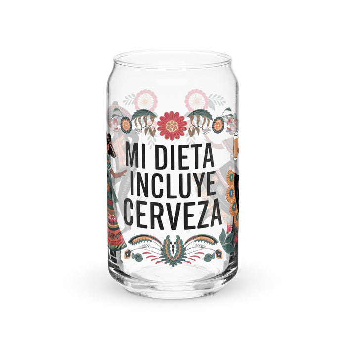 Mi Dieta Incluye Cerveza Exclusive Art Piece Can-Shaped Glass Home Office Work Mexican Spanish Pride Gift Cup One-Of-A-Kind Calligraphy Glass | M33 Mexicada 16 oz