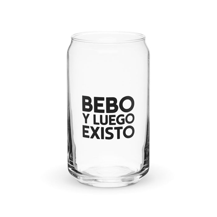 Bebo Y Luego Existo Exclusive Art Piece Can-Shaped Glass Home Office Work Mexican Spanish Pride Gift Cup One-Of-A-Kind Calligraphy Glass | B2 Mexicada 16 oz