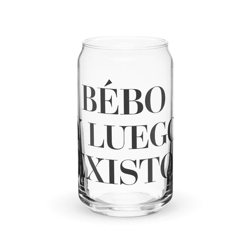 Bebo Y Luego Existo Exclusive Art Piece Can-Shaped Glass Home Office Work Mexican Spanish Pride Gift Cup One-Of-A-Kind Calligraphy Glass | B23 Mexicada 16 oz