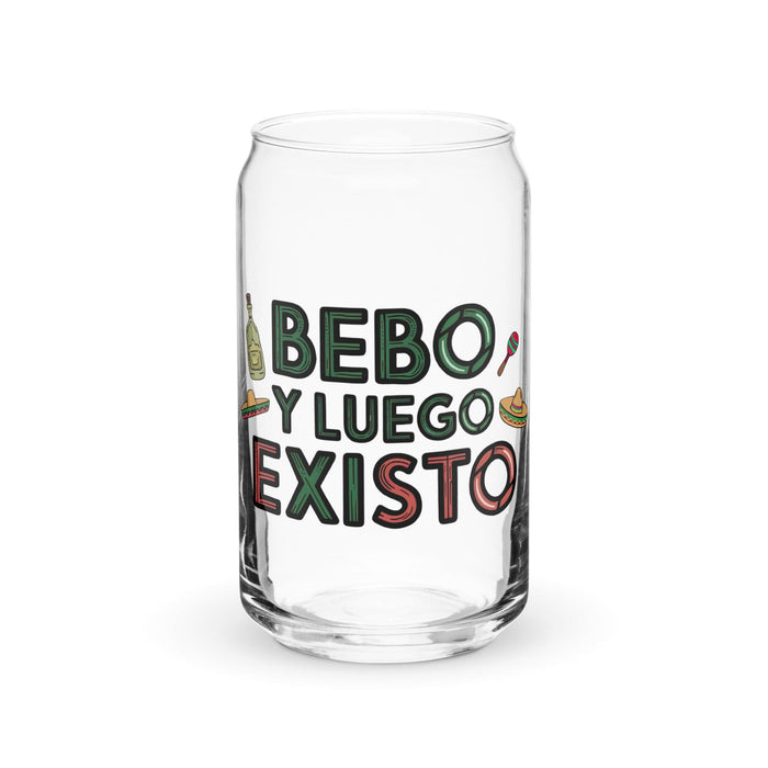 Bebo Y Luego Existo Exclusive Art Piece Can-Shaped Glass Home Office Work Mexican Spanish Pride Gift Cup One-Of-A-Kind Calligraphy Glass | B25 Mexicada 16 oz