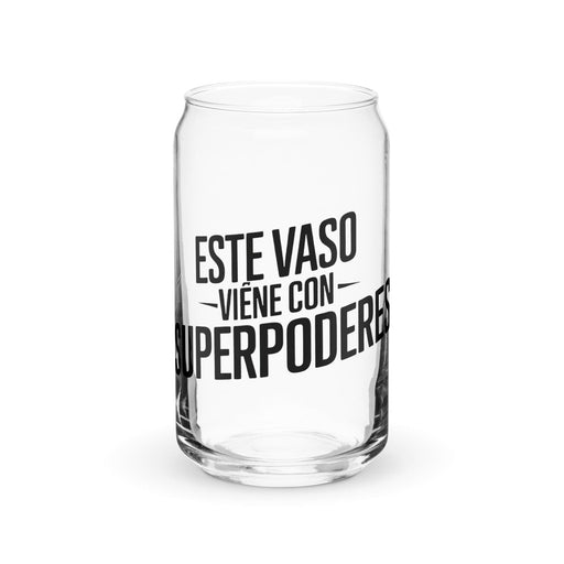 Este Vaso Viene Con Superpoderes Exclusive Art Piece Can-Shaped Glass Home Office Work Mexican Spanish Pride Gift Cup One-Of-A-Kind Calligraphy Glass | E24 Mexicada 16 oz