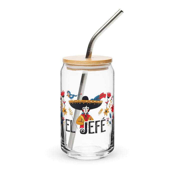 El Jefe Exclusive Art Piece Can-Shaped Glass Home Office Work Mexican Spanish Pride Gift Cup One-Of-A-Kind Calligraphy Glass | E2 Mexicada 16 oz With Lid & Straw