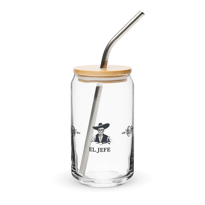 El Jefe Exclusive Art Piece Can-Shaped Glass Home Office Work Mexican Spanish Pride Gift Cup One-Of-A-Kind Calligraphy Glass | E4 Mexicada 16 oz With Lid & Straw