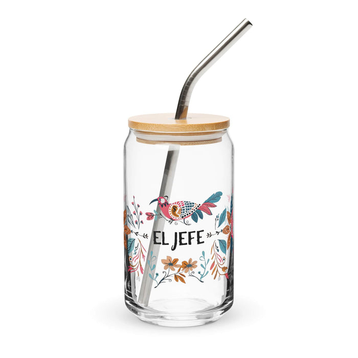 El Jefe Exclusive Art Piece Can-Shaped Glass Home Office Work Mexican Spanish Pride Gift Cup One-Of-A-Kind Calligraphy Glass | E5 Mexicada 16 oz With Lid & Straw