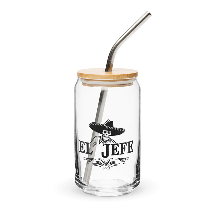 El Jefe Exclusive Art Piece Can-Shaped Glass Home Office Work Mexican Spanish Pride Gift Cup One-Of-A-Kind Calligraphy Glass | E6 Mexicada 16 oz With Lid & Straw