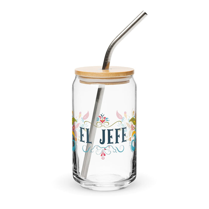 El Jefe Exclusive Art Piece Can-Shaped Glass Home Office Work Mexican Spanish Pride Gift Cup One-Of-A-Kind Calligraphy Glass | E7 Mexicada 16 oz With Lid & Straw