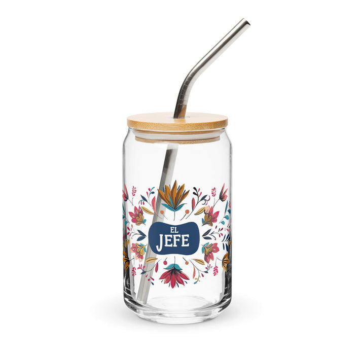 El Jefe Exclusive Art Piece Can-Shaped Glass Home Office Work Mexican Spanish Pride Gift Cup One-Of-A-Kind Calligraphy Glass | E11 Mexicada 16 oz With Lid & Straw